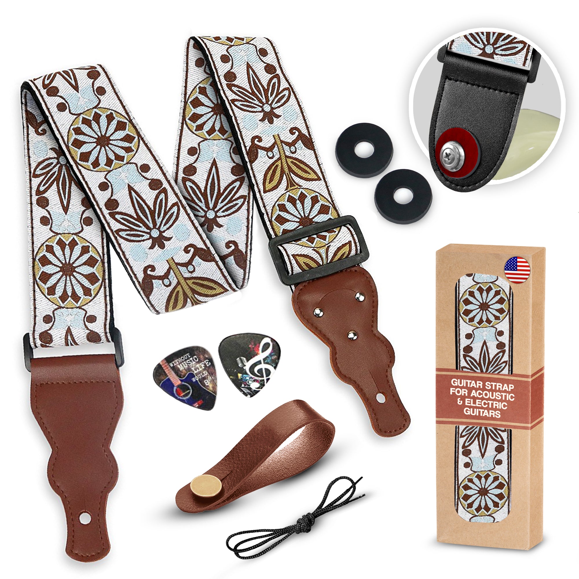 The WHITE BLOSSOM Guitar Strap - Adjustable Guitar Strap for Acoustic, Electric and Bass Guitar