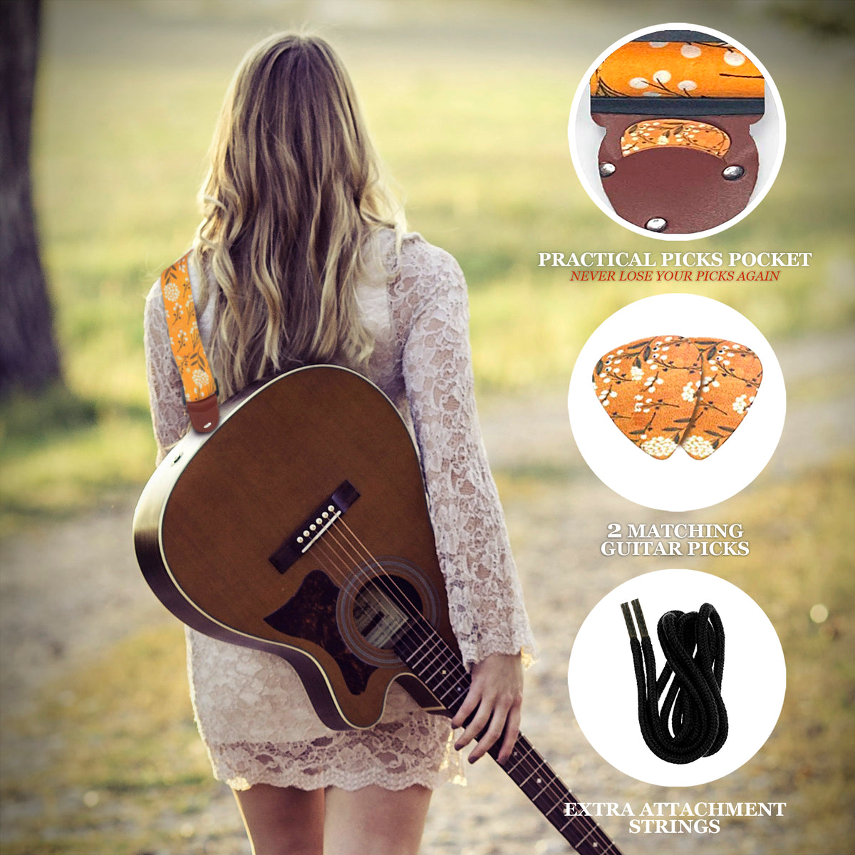 The DANDELION Guitar Strap - Adjustable Guitar Strap for Acoustic, Electric and Bass Guitar