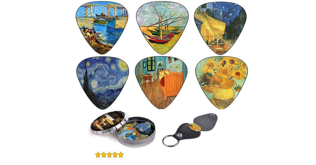 Van Gogh Guitar Set - &quot;Starry Night&quot; Guitar Strap + 12 Van Gogh Guitar Picks - Art Tributes