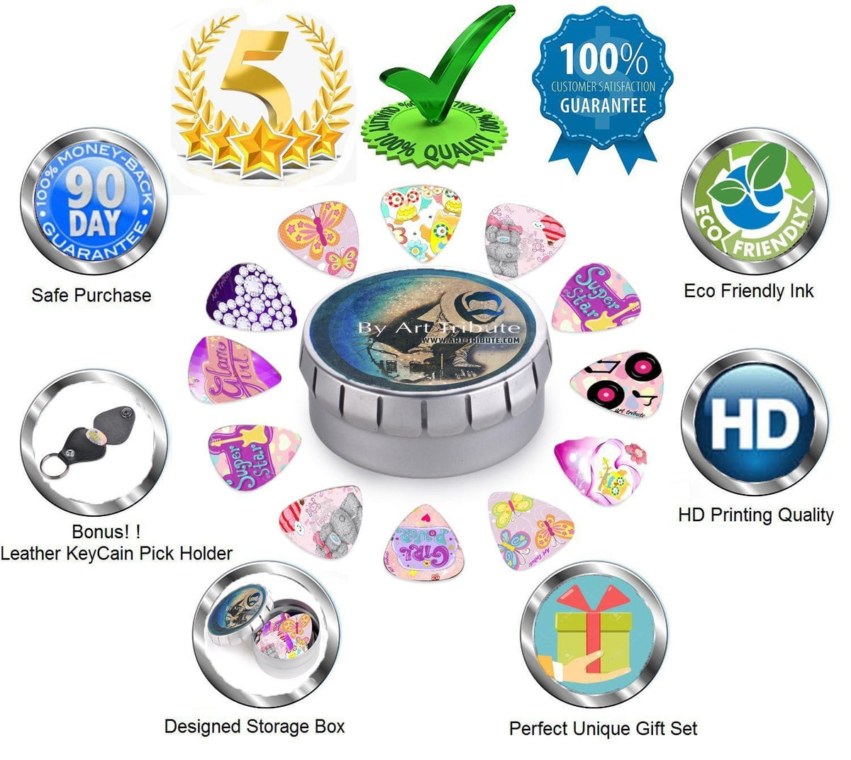 Girly Guitar Picks + Pink Guitar Strap - Exclusive Bundle set - Art Tributes