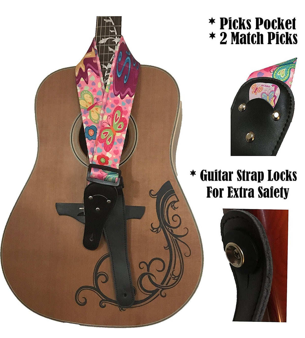 Acoustic guitar with a pink guitar strap with picks pocket and 2 girly guitar picks