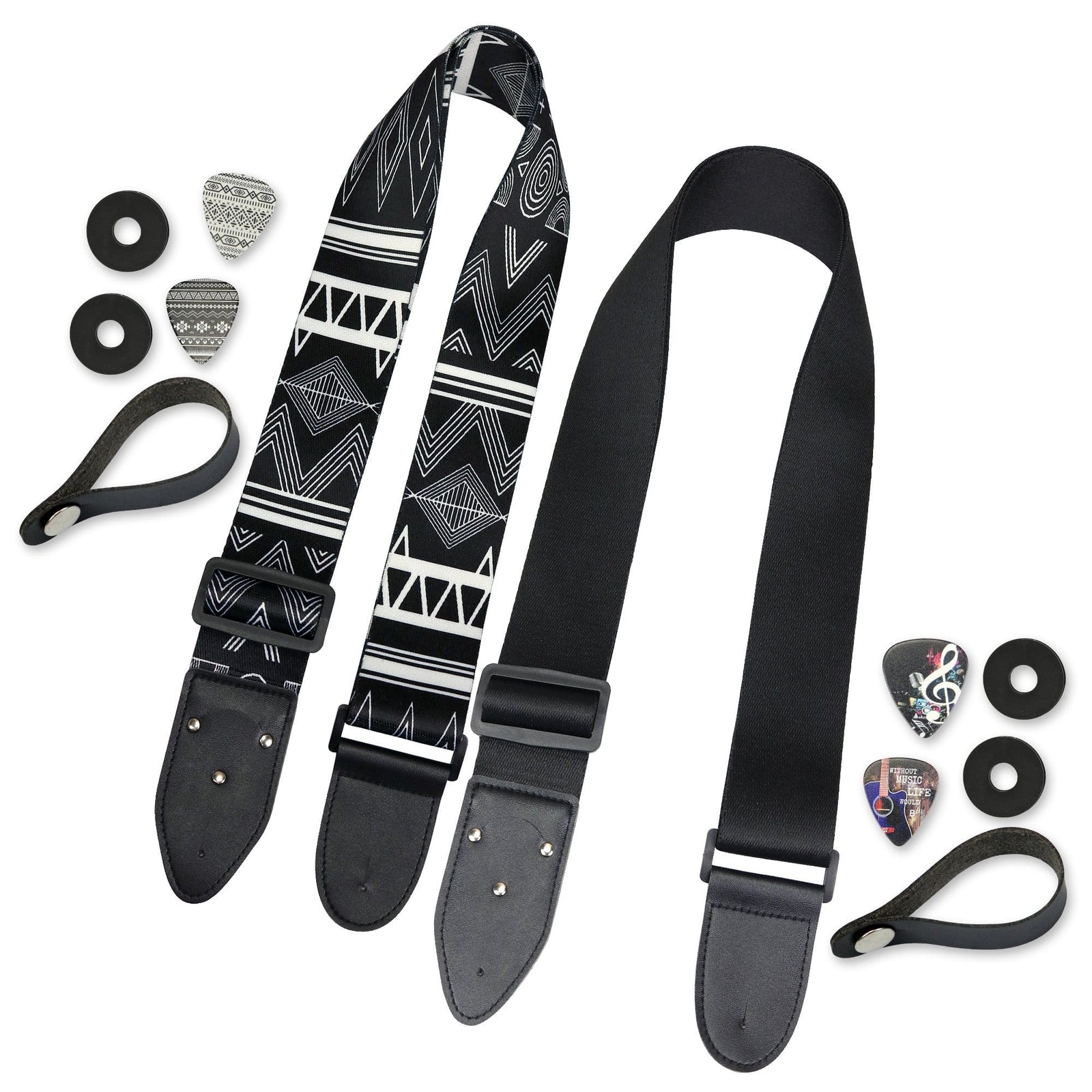 2 Guitar Straps Set - B&W Guitar Strap + Black Guitar Strap - Art Tributes