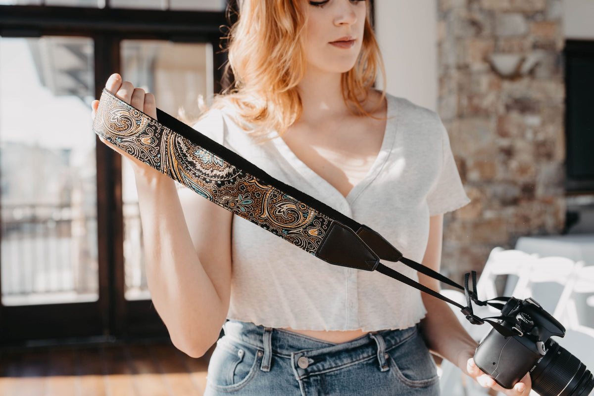 Indian Nights Camera Strap for Canon and Nikon -Brown Gold strap For DSLR camera - gift for photographers