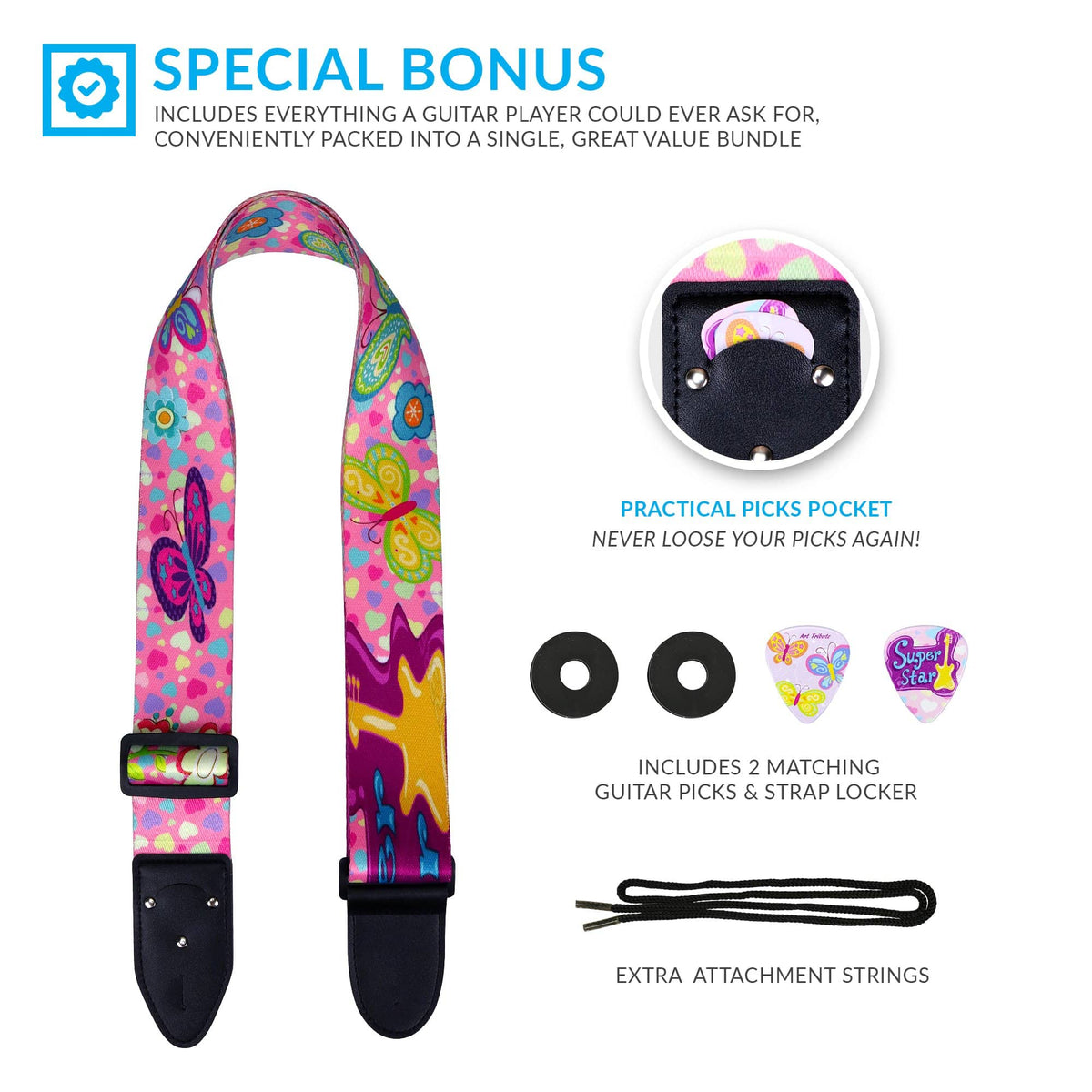 Girly Guitar Strap - Pink Guitar Strap for Kids - Art Tributes