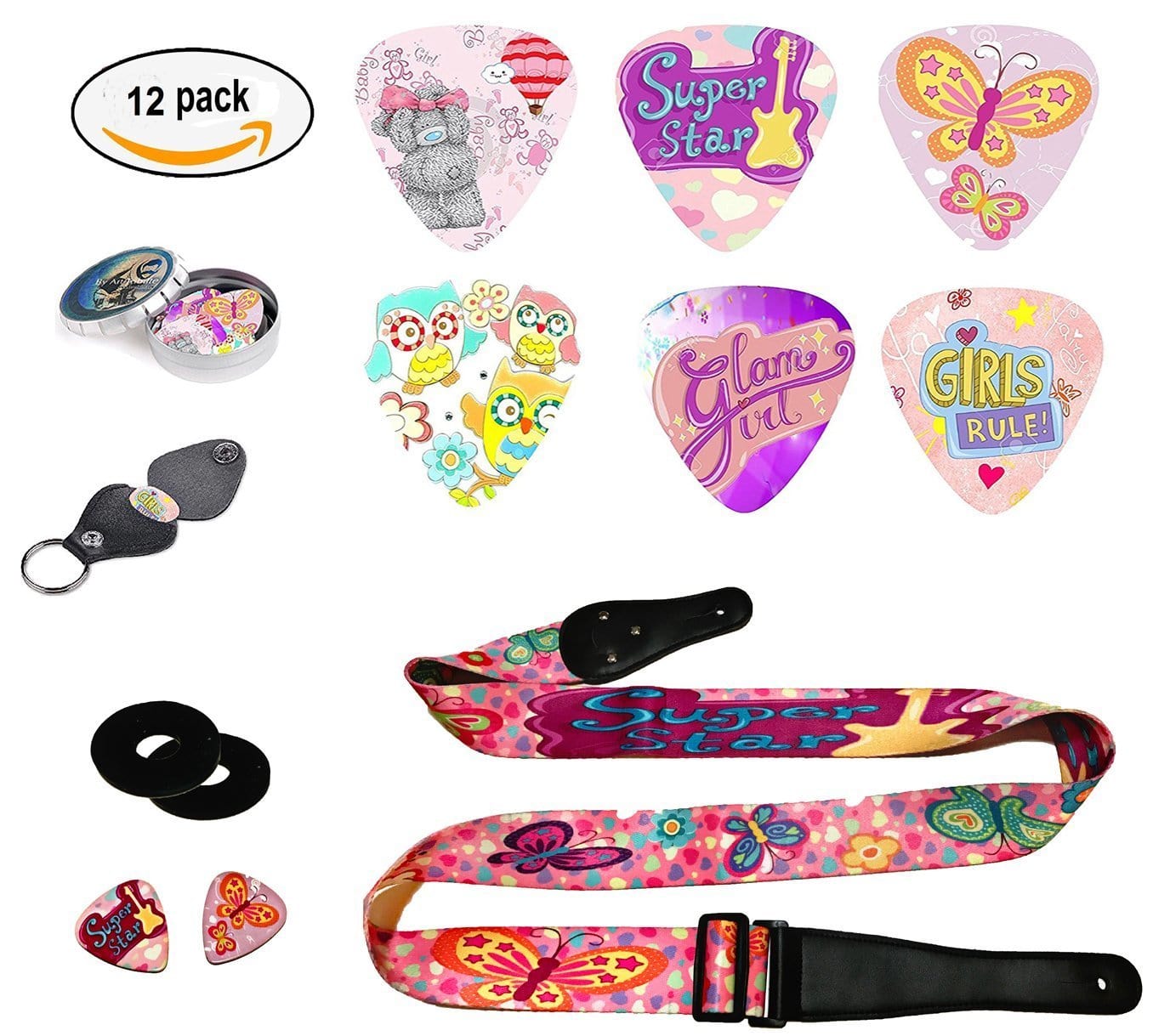 Pink Guitar Strap and pink guitar picks girly design