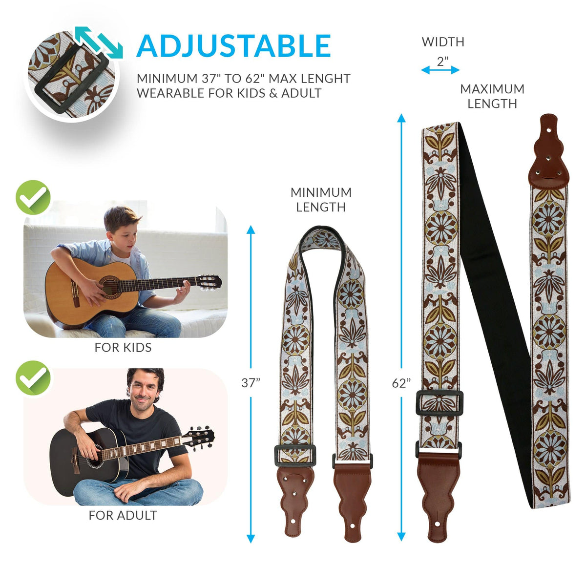 Vintage Guitar strap + Cool Guitar Picks Set - Art Tributes