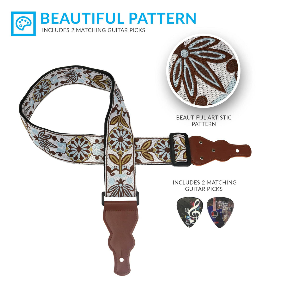 Vintage Guitar strap + Cool Guitar Picks Set - Art Tributes