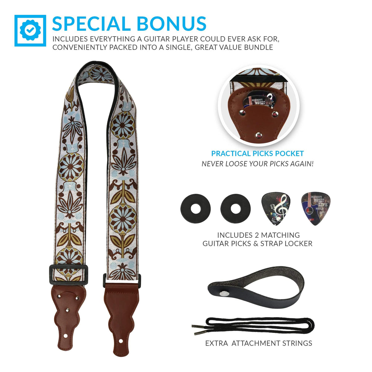 Vintage Guitar strap + Cool Guitar Picks Set - Art Tributes