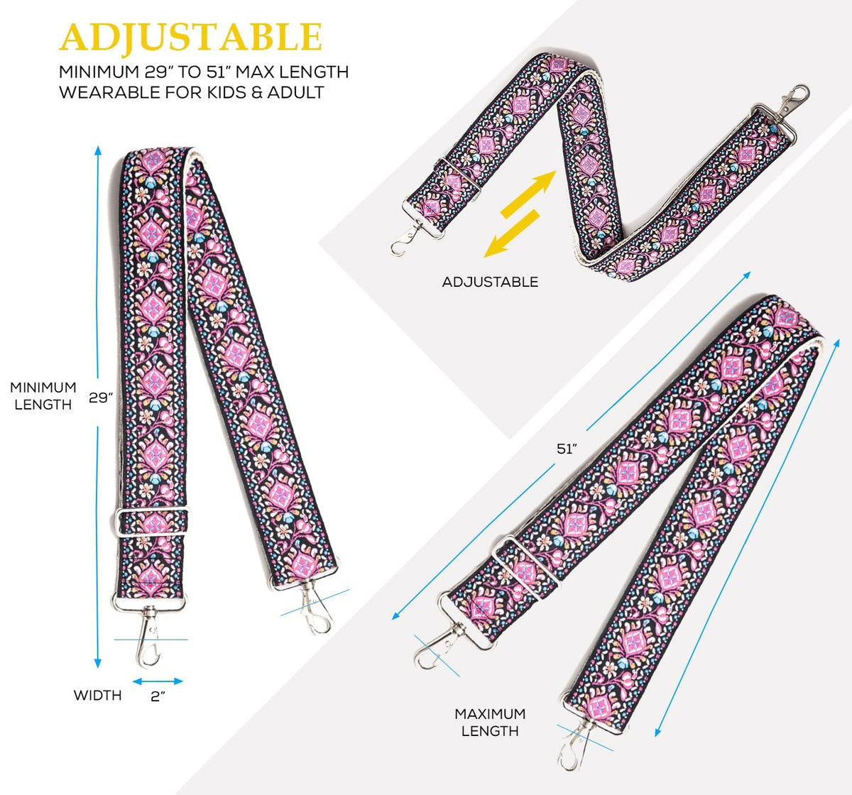 Pink Woven Bag Strap for Handbags- Guitar Style Straps Handbags