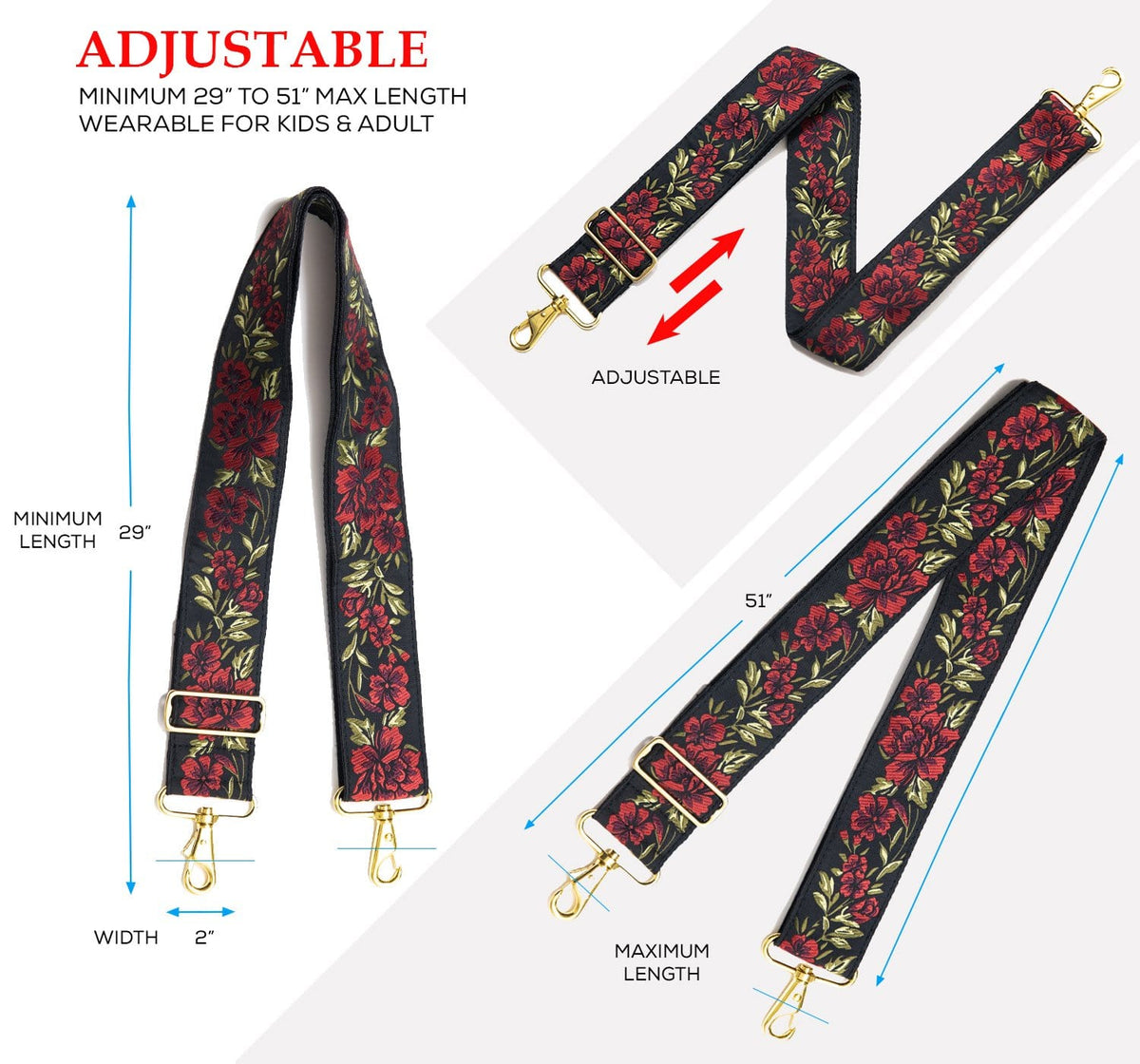 Red Roses Purse Strap for Handbags, Messenger bag strap - Guitar Style Strap
