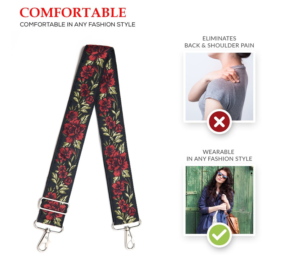 Red Roses Purse Strap for Handbags, Messenger bag strap - Guitar Style Strap