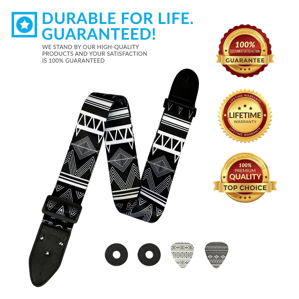 Black &amp; White Southwestern Guitar Strap - Art Tributes