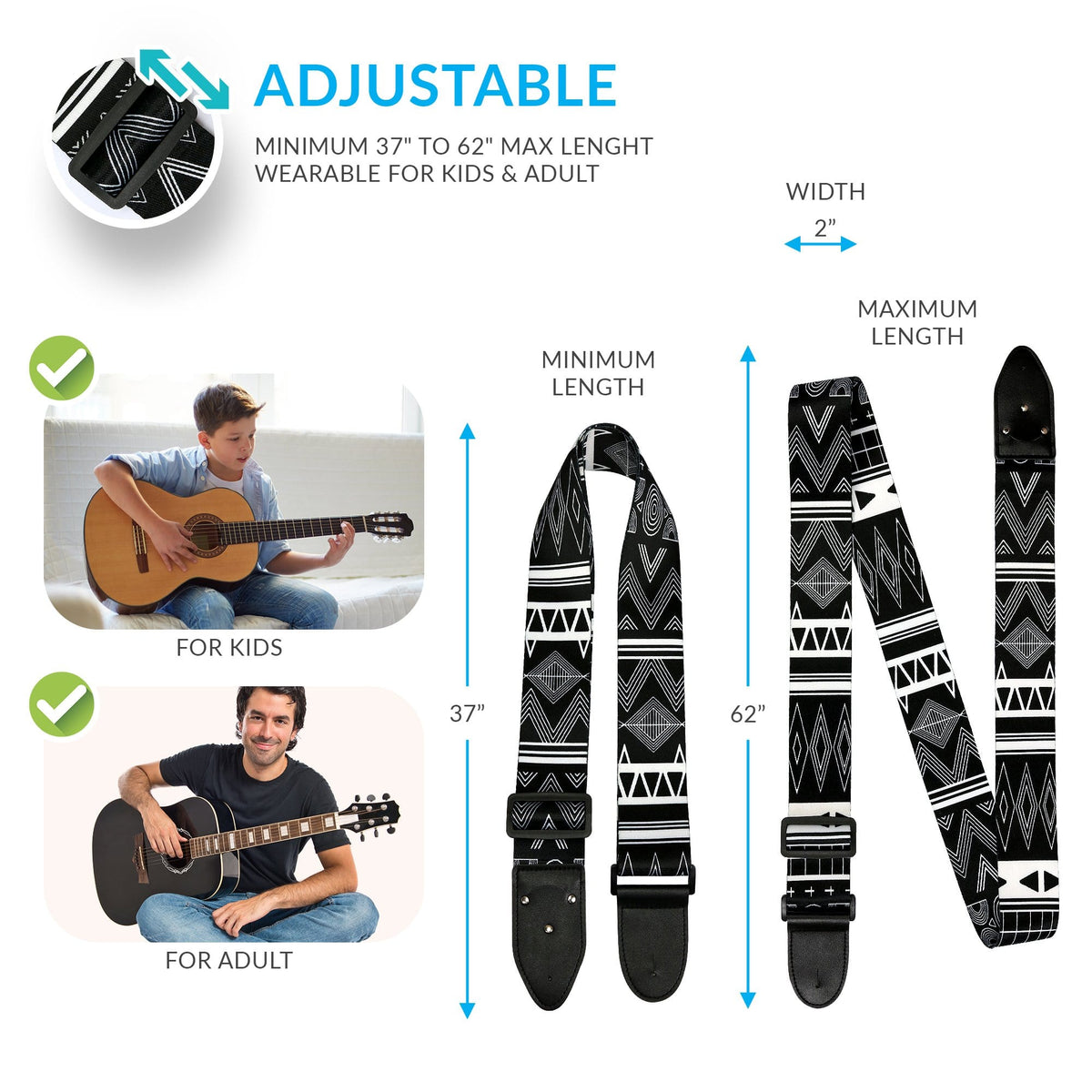 Black &amp; White Southwestern Guitar Strap - Art Tributes