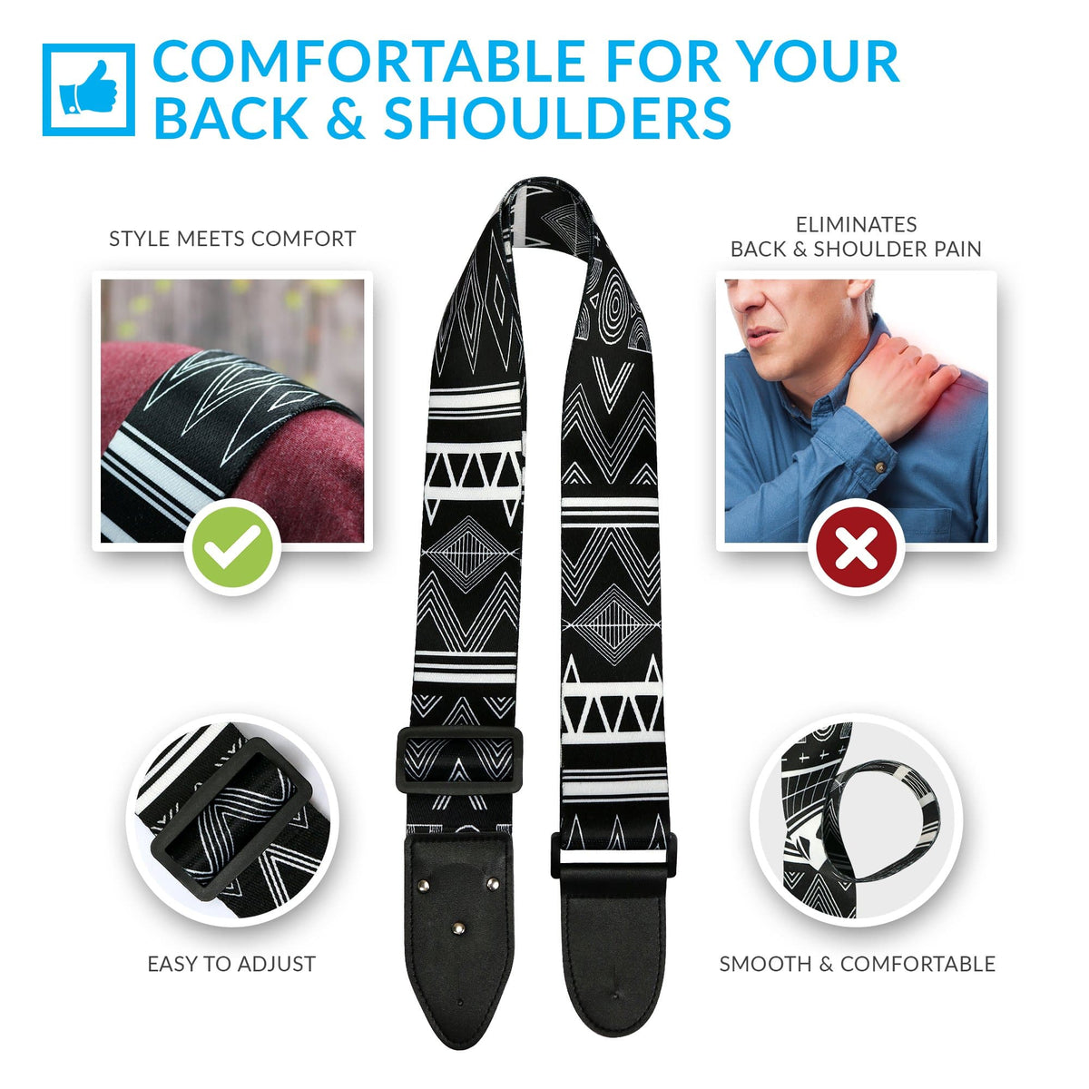 Black &amp; White Southwestern Guitar Strap - Art Tributes