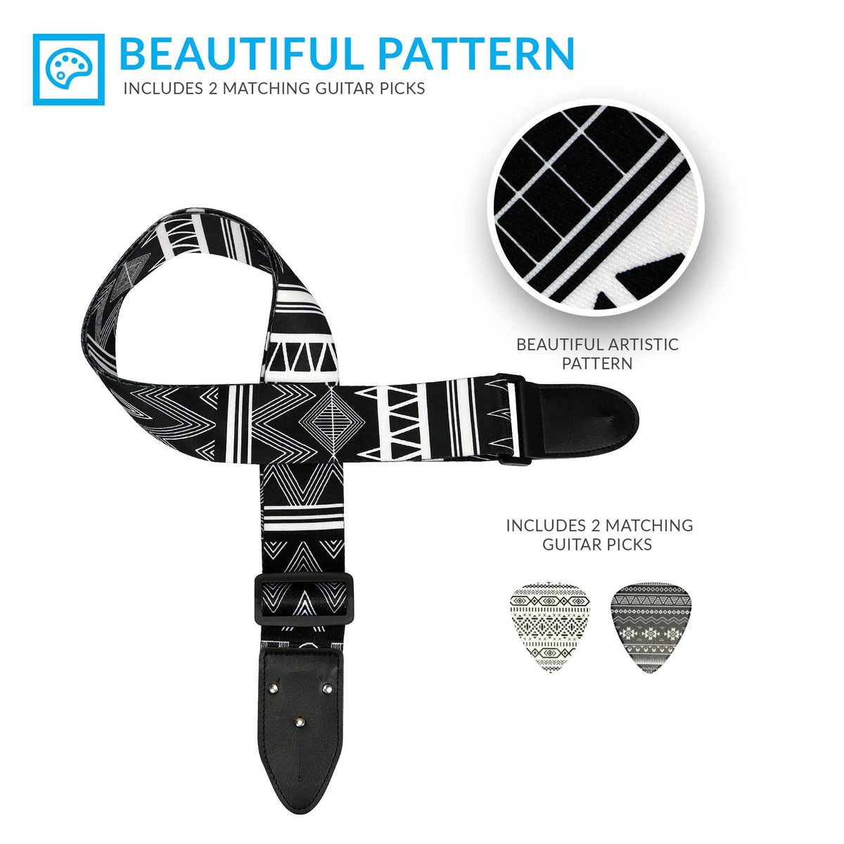 Black &amp; White Southwestern Guitar Strap - Art Tributes