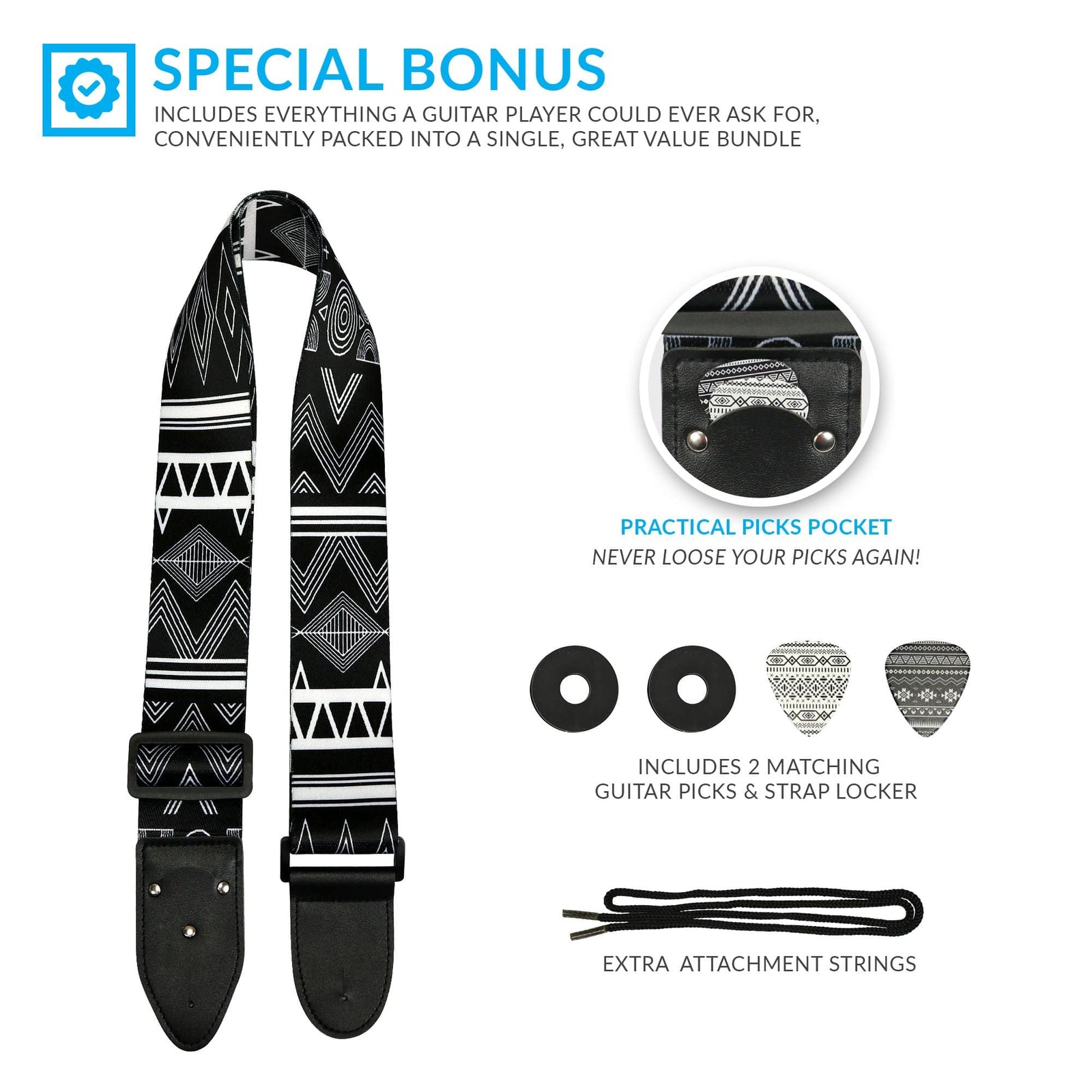 Black & White Southwestern Guitar Strap - Art Tributes