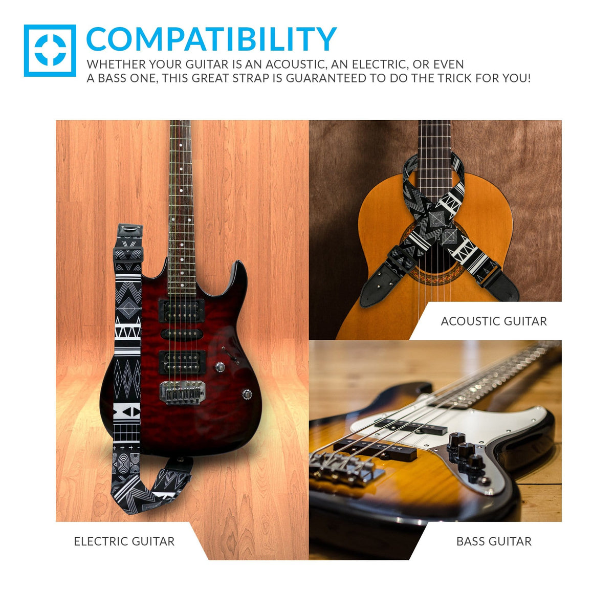 Black &amp; White Southwestern Guitar Strap - Art Tributes