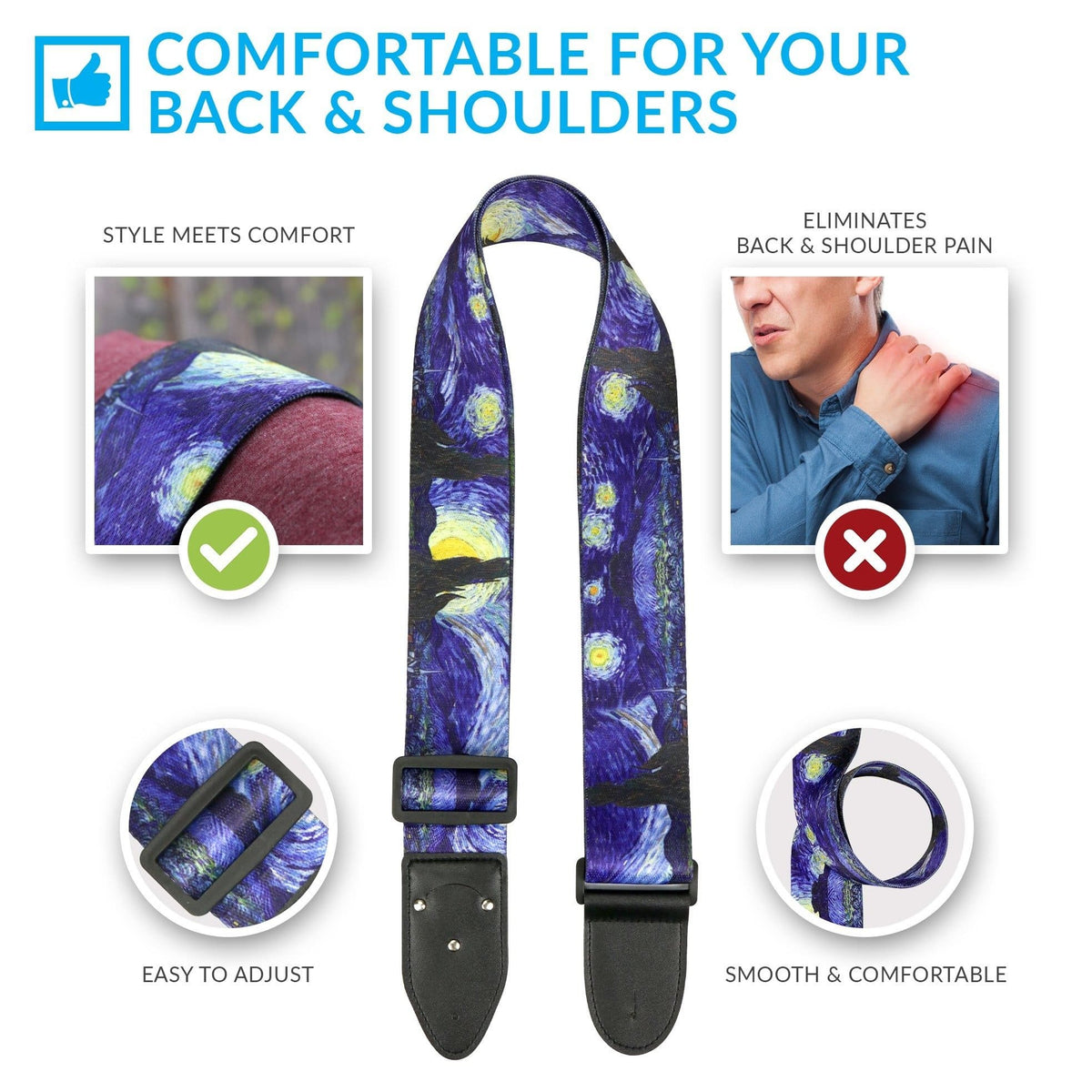 starry night guitar strap by vincent van gogh - adjustable
