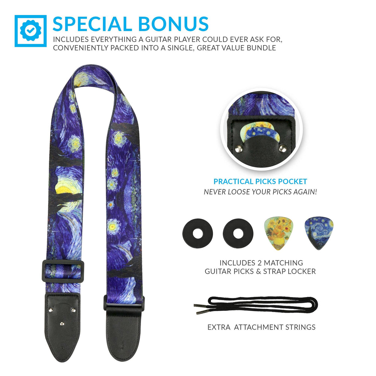 Starry Night Guitar Strap with guitar picks and guitar locks