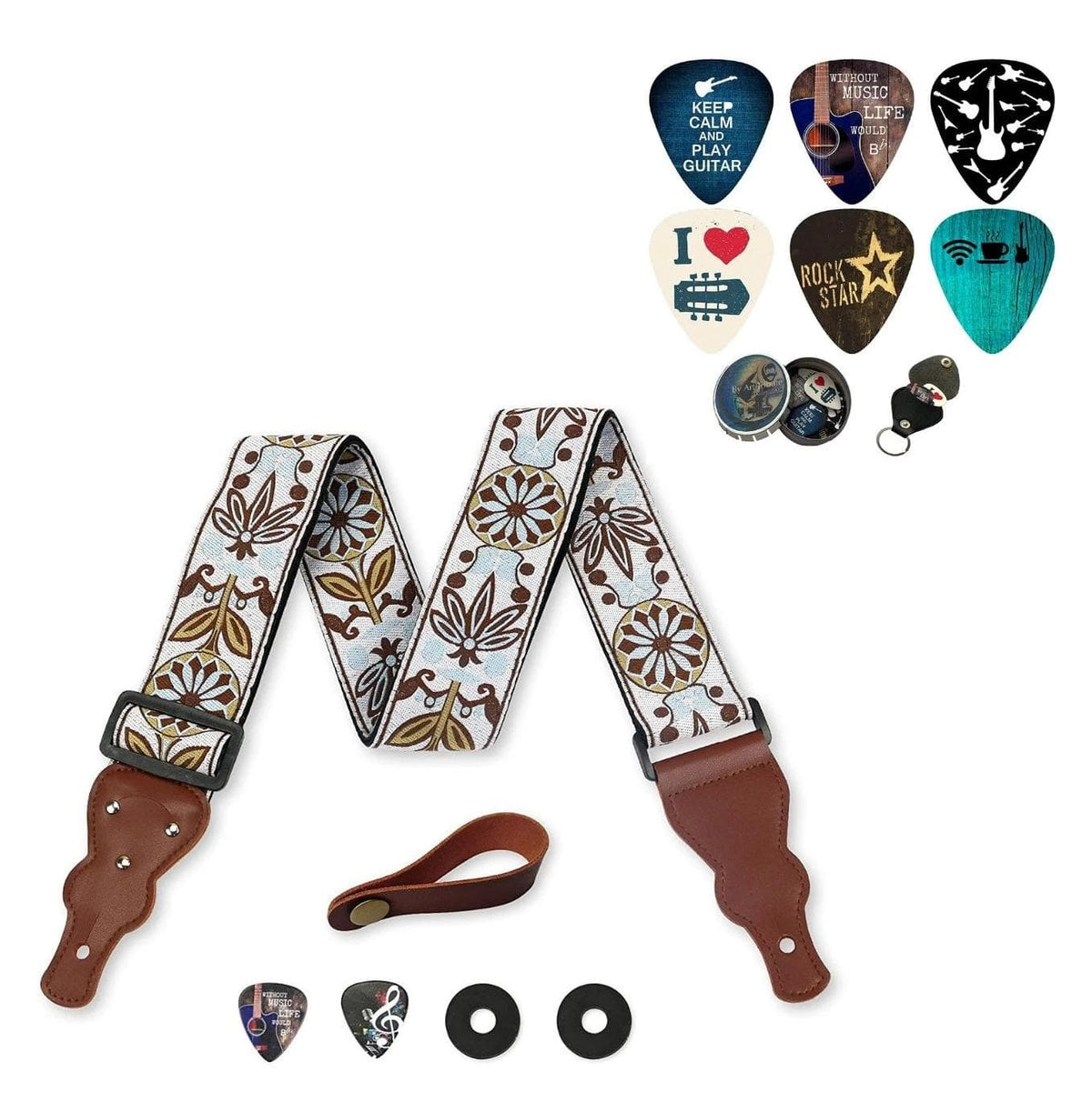 Vintage Guitar strap + Cool Guitar Picks Set - Art Tributes