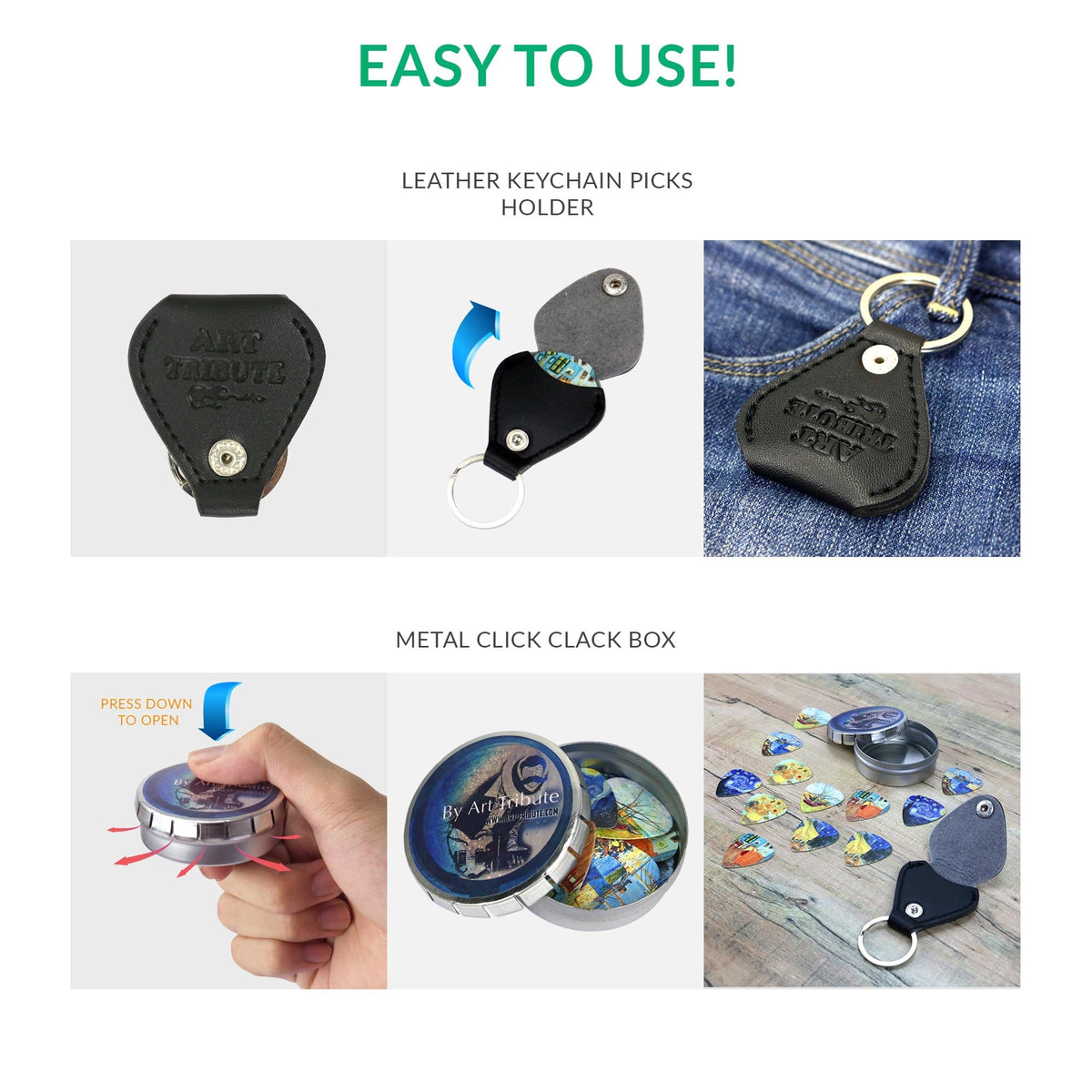 the leather keychain guitar picks holder and a metal box that&#39;s easy to open and close