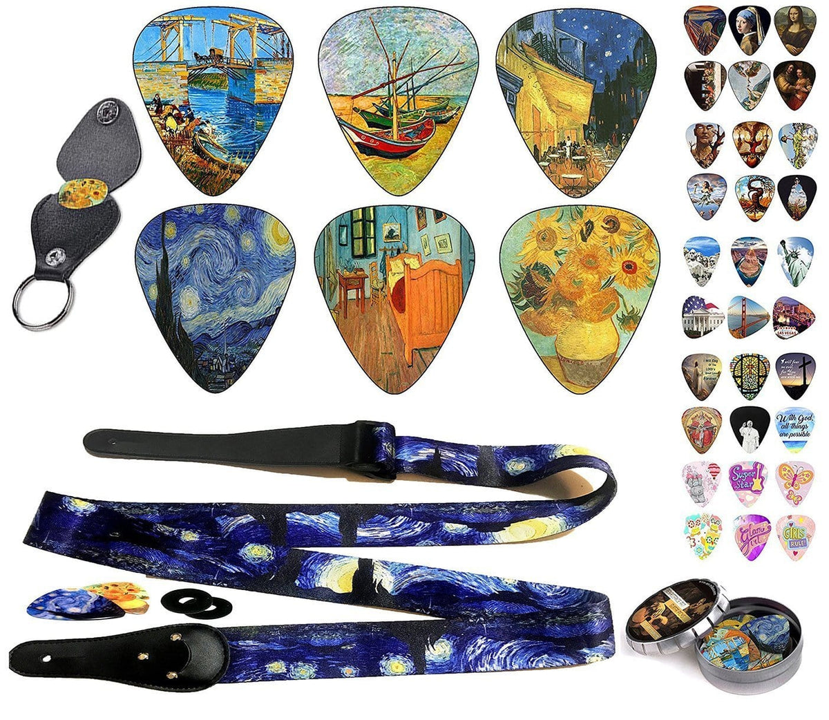 Van Gogh Guitar Set - &quot;Starry Night&quot; Guitar Strap + 12 Van Gogh Guitar Picks - Art Tributes
